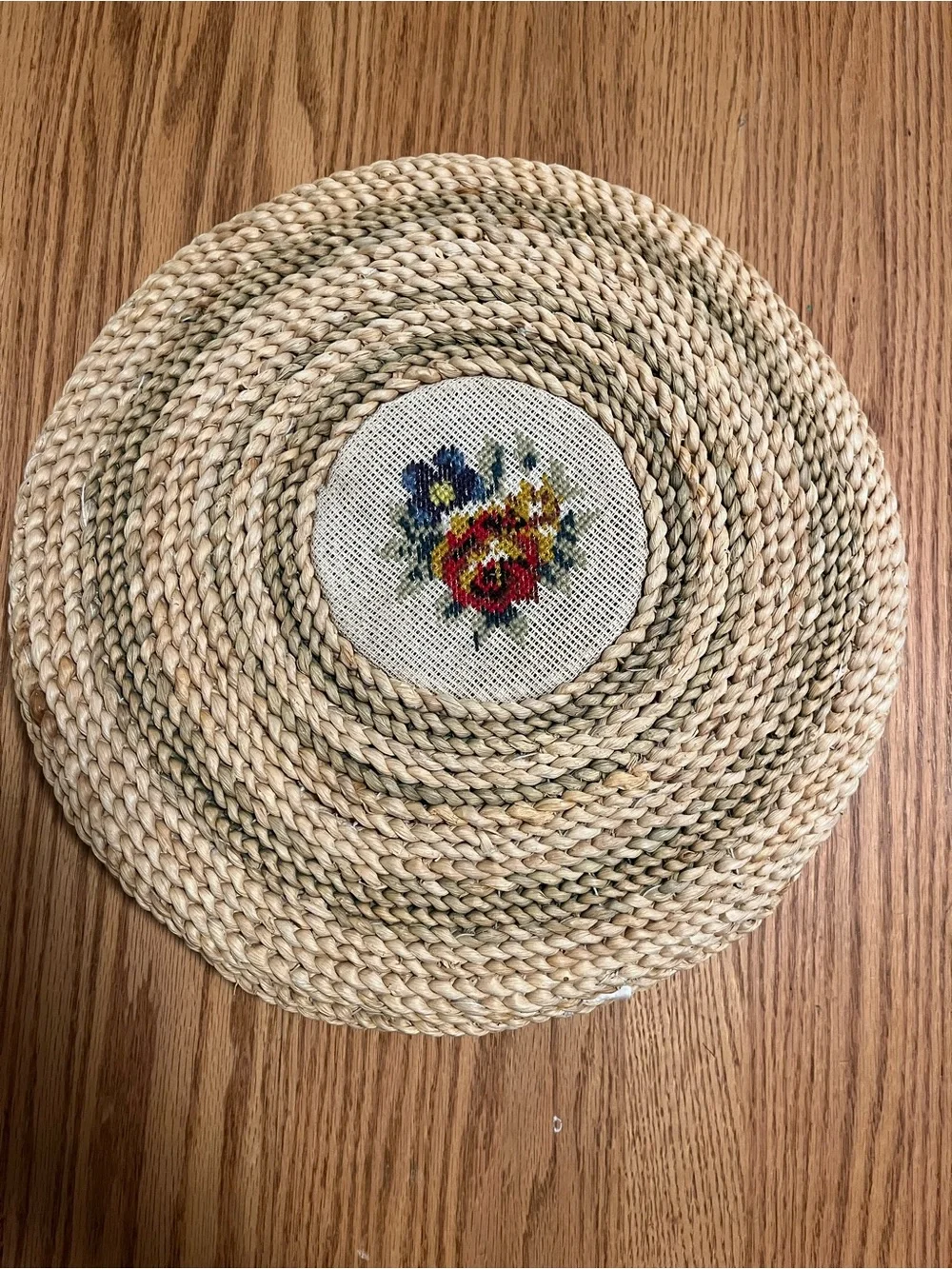 Vintage Needlepoint Floral Centers Corn Husk Seat Cushion Round Pillow Handmade